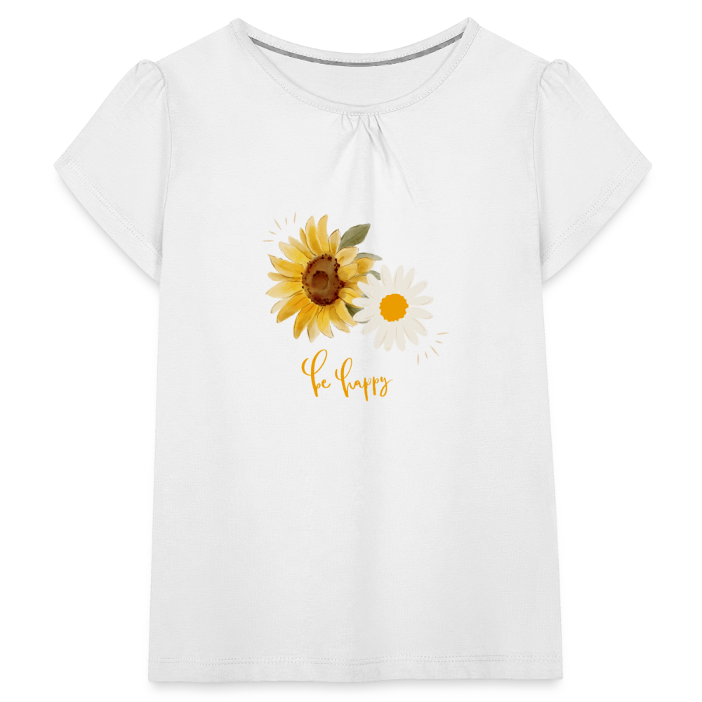 "Be Happy" Sonnenblumen - Mädchen-T-Shirt mit Raffungen - Weiß