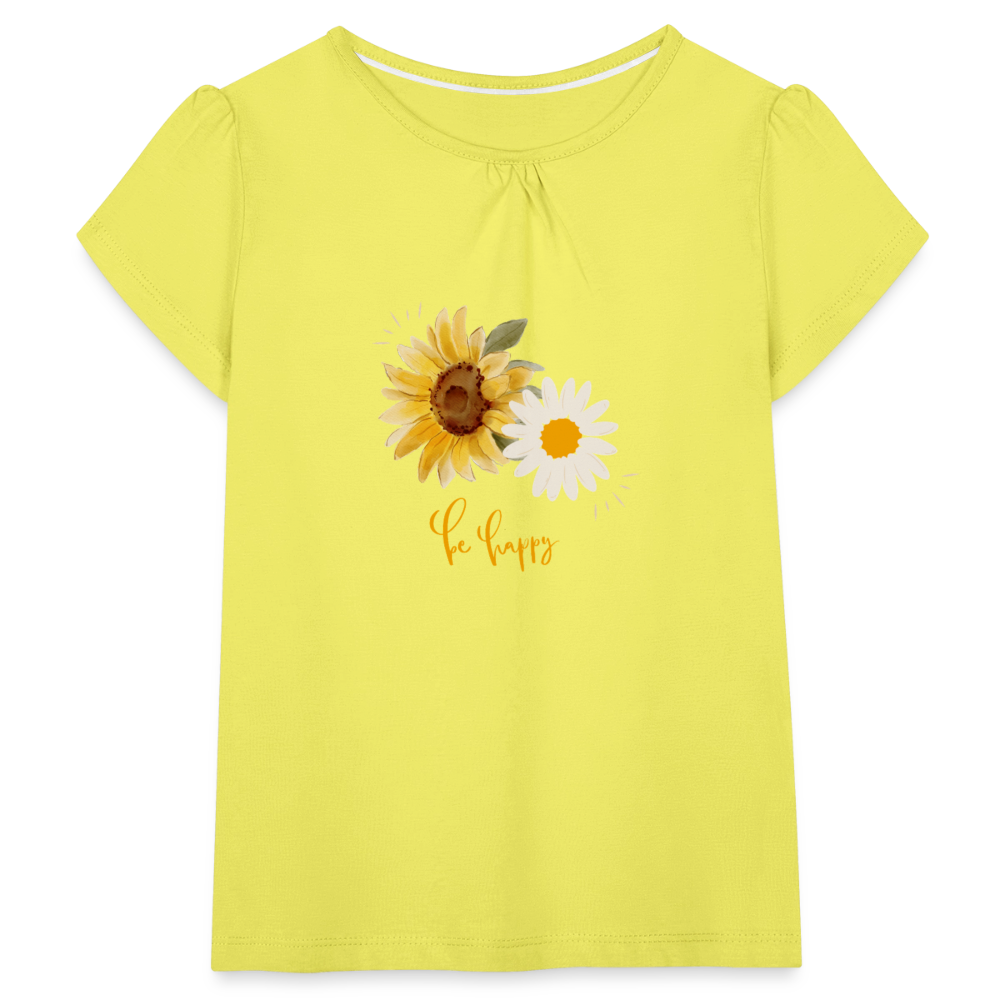 "Be Happy" Sonnenblumen - Mädchen-T-Shirt mit Raffungen - Gelb