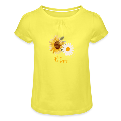 "Be Happy" Sonnenblumen - Mädchen-T-Shirt mit Raffungen - Gelb